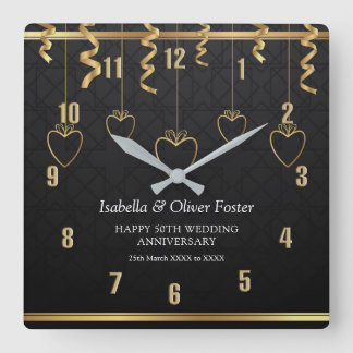 Schwarze & Goldene Glückwünsche zum 50. Hochzeitst Quadratische Wanduhr