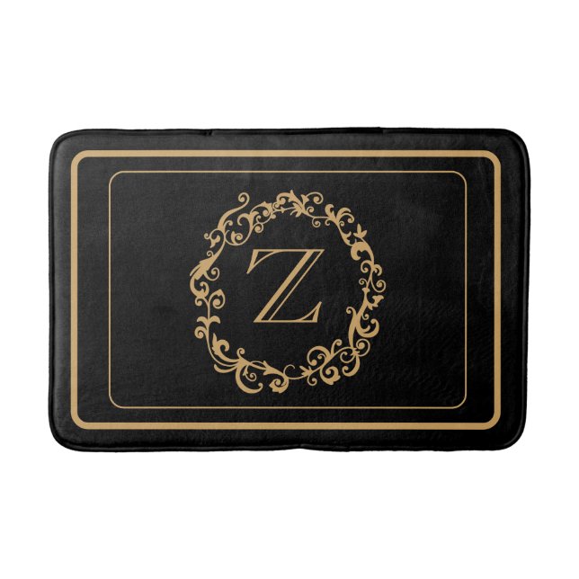 Schwarze goldene Grenz-Design Monogram Letter Bath Badematte (Vorderseite)