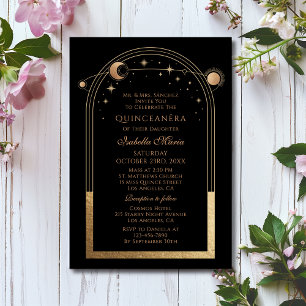 Schwarze Goldene Himmels-Quinceañera-Feier Einladung