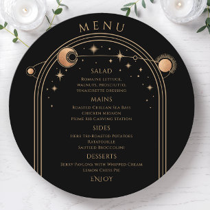 Schwarze Goldene Himmlische Orbit-Hochzeit Menükarte