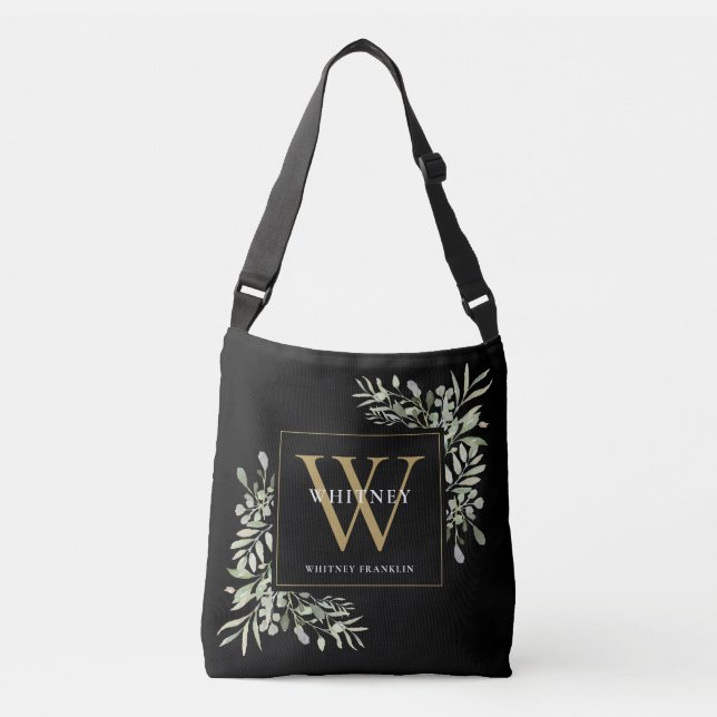 Schwarze goldene Monogramm-Aquarellgrün Tragetaschen Mit Langen Trägern (Vorderseite)