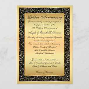 Schwarze, goldene, ornamentale Schriftrollen 50. J Einladung