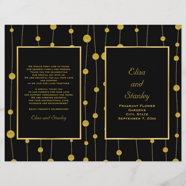 Schwarze, goldene Perlen Hochzeitsprogramm (Vorderseite)
