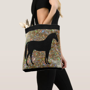 Schwarze & Goldene Pferd Glitzernde Tragetasche Tasche
