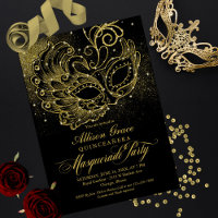Schwarze Goldene Quinceanera-Maskenball-Einladung