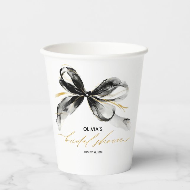 Schwarze Goldene Schleife Whimsical-Braut-Party Pappbecher (Vorderseite)