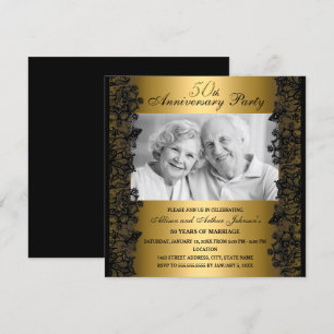 Schwarze & goldene Spitzen-Foto-Einladung zum 50.  Einladung