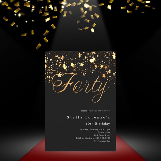 Schwarze goldene Sterne elegant 40. Geburtstag Einladung (Von Creator hochgeladen)