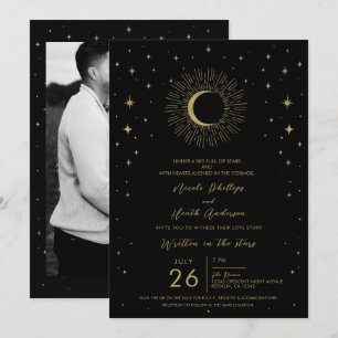 Schwarze & goldene Sterne Himmelssonne Mond Hochze Einladung