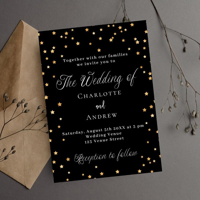 Schwarze goldene Sterne Hochzeitsschrift Einladungspostkarte (Von Creator hochgeladen)