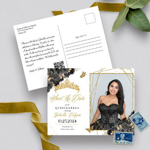 Schwarze & goldene Tiara-Quinceañera-Fotokarte Postkarte