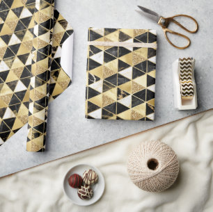 Schwarze, Goldene und Weiße Marmortextur Geometris Geschenkpapier