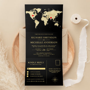 Schwarze Goldene Weltkarte Alles in Einem Hochzeit Dreifach Gefaltete Einladung
