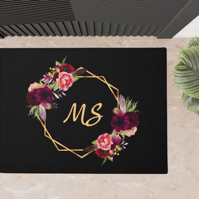 Schwarze Goldfloralen Rosa Monogramm-Initialen Fußmatte (Von Creator hochgeladen)