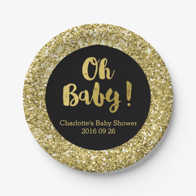 Schwarze GoldGlitzer-oh Baby-Baby-Duschen-Platte Pappteller (Vorderseite)
