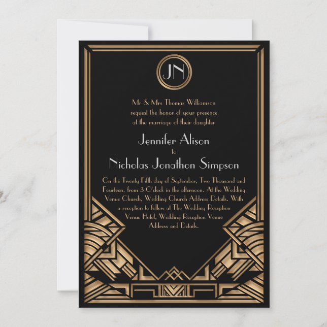 Schwarze Goldkunst-Deko Gatsby Art-Hochzeit lädt Einladung (Vorderseite)