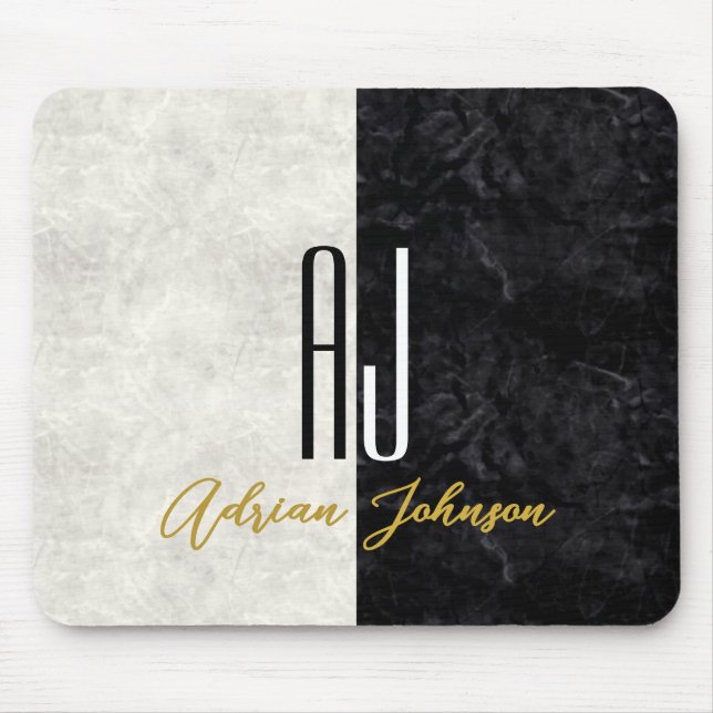 Schwarze Goldmarmor-Monogramm Mousepad (Vorne)