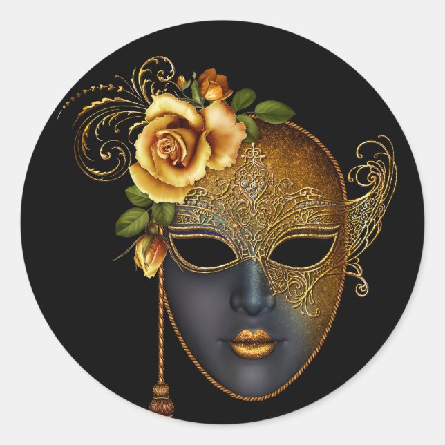 Schwarze Goldmasquerade-Party-Sticker Runder Aufkleber (Vorderseite)