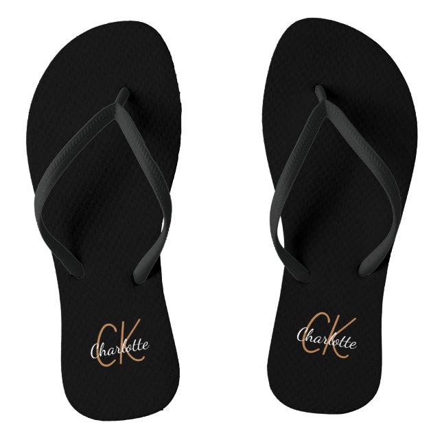 Schwarze Goldmonogramm-Initialnamen minimalistisch Flip Flops (Fußbett)