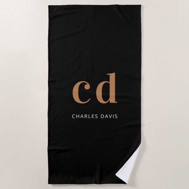 Schwarze Goldmonogramm-Initialnamen minimalistisch Strandtuch (Vorderseite)