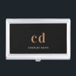 Schwarze Goldmonogramm-Inittite Name minimalistisc Visitenkarten Dose<br><div class="desc">Ein klassisch schicker schwarzer Hintergrund. Personalisieren Sie Ihre Monogramm-Initialen und Ihren Namen und fügen Sie sie hinzu. Modern,  trendig und einfach. Für ihn und sie.</div>