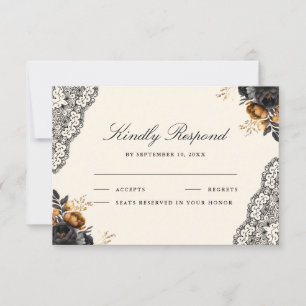 Schwarze Goldrosen-Spitze-Creme-Gotische Hochzeit RSVP Karte