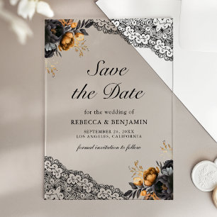 Schwarze Goldrosen-Spitze-Gotische-Hochzeit Termin Acryleinladungen