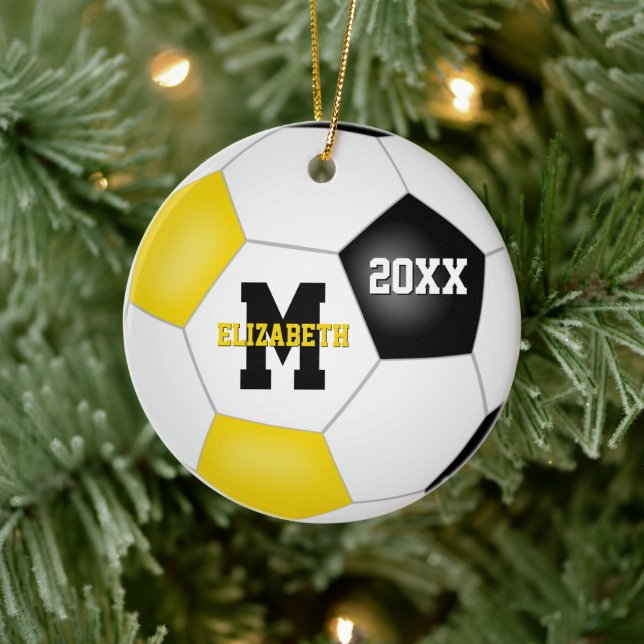 Schwarze Goldschule Sportteam Farben Fußball Keramik Ornament (Baum)