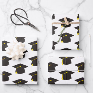 Schwarze Graduierungskappe mit weißem Hintergrundg Geschenkpapier Set