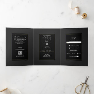 Schwarze Graue Moderne Elegante Hochzeit Dreifach Gefaltete Einladung