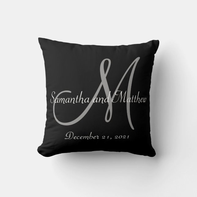 Schwarze graue Monogramm-Hochzeit Kissen (Vorderseite)