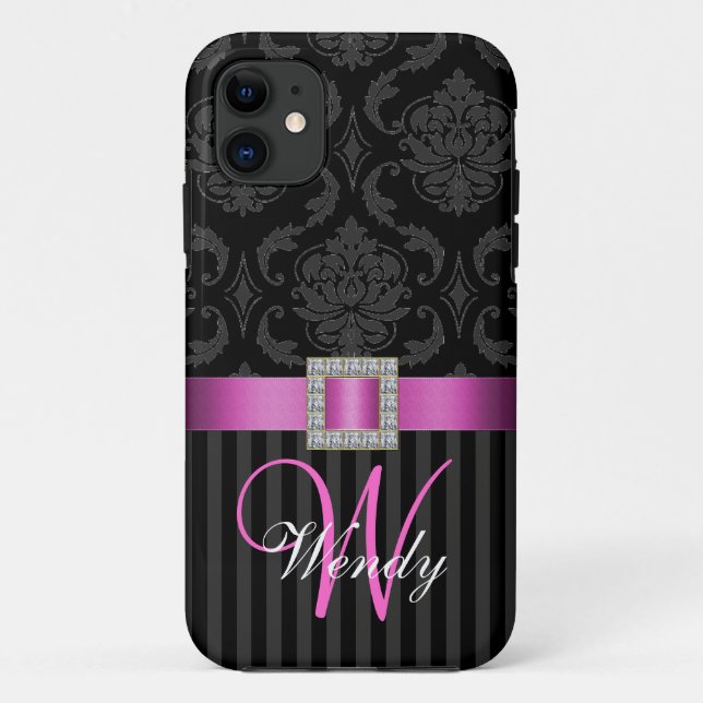 Schwarze graue Pink-Damast-Streifen Case-Mate iPhone Hülle (Rückseite)