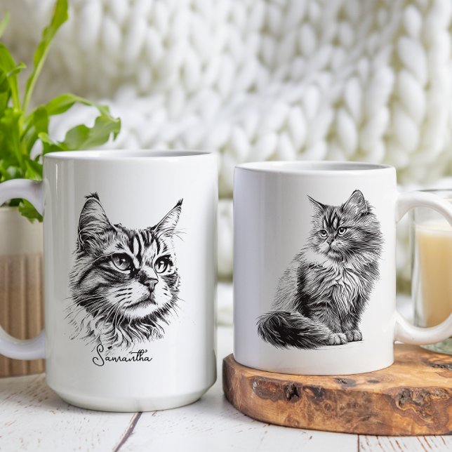 Schwarze Gravur Cat Head Sketch Kunst Kaffeetasse (Von Creator hochgeladen)