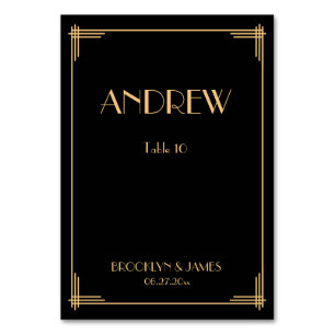 Schwarze Great Gatsby Art Deco Hochzeitstischkarte Tischnummer