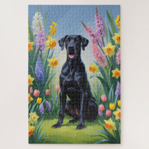 Schwarze, großartige Dog-Frühlingsblumen Malerei