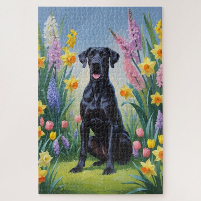 Schwarze, großartige Dog-Frühlingsblumen Malerei (Vertikal)