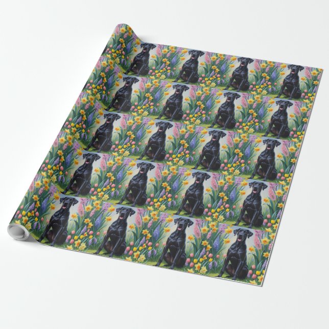 Schwarze, großartige Dog-Frühlingsblumen Malerei Geschenkpapier (Ungerollt)
