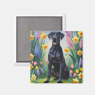 Schwarze, großartige Dog-Frühlingsblumen Malerei Magnet