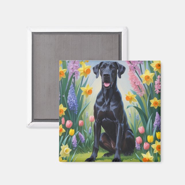 Schwarze, großartige Dog-Frühlingsblumen Malerei Magnet (Vorderseite/Rückseite)