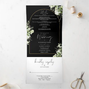 Schwarze grüne Blumen Goldbogen Foto Hochzeit Dreifach Gefaltete Einladung