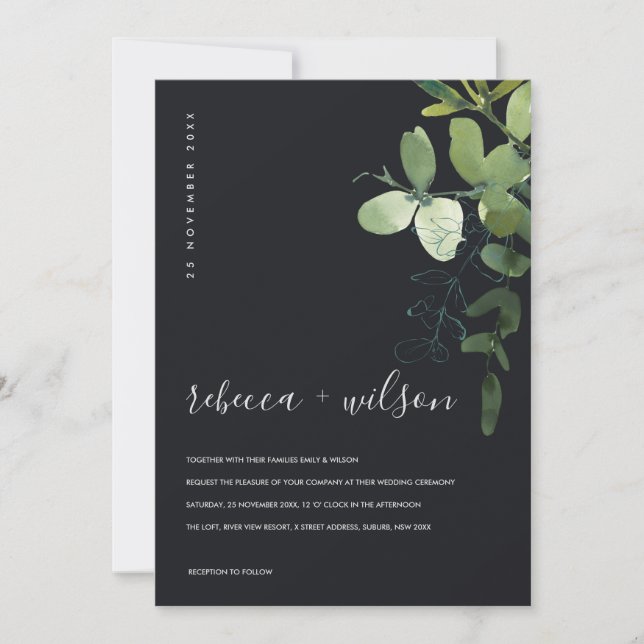 SCHWARZE GRÜNE EUCALYPTUS FOLIAGE WATERCOLOR WEDD EINLADUNG (Vorderseite)