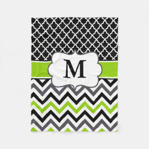Schwarze grüne Quatrefoil Zickzack Monogramm-Deck Fleecedecke