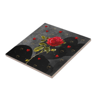 Schwarze Grunge Herz mit Rote Rose Fliese