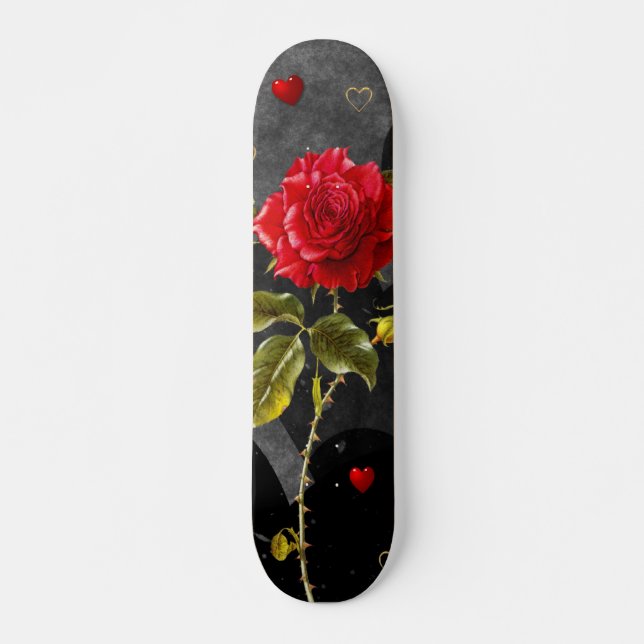 Schwarze Grunge-Herzen mit Roter Rose Skateboard (Vorne)