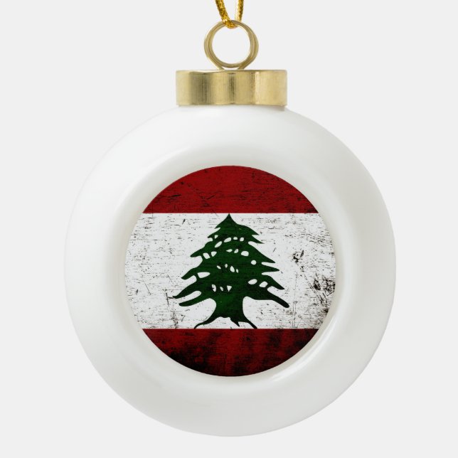 Schwarze Grunge Libanon-Flagge Keramik Kugel-Ornament (Vorderseite)