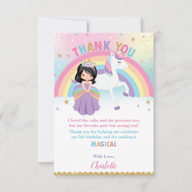 Schwarze Haar Prinzessin und Regenbogen Einhorn Ge Dankeskarte (Vorderseite)