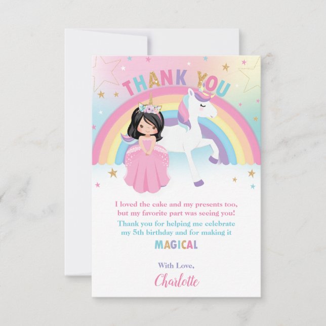 Schwarze Haar Prinzessin und Regenbogen Einhorn Ge Dankeskarte (Vorderseite)
