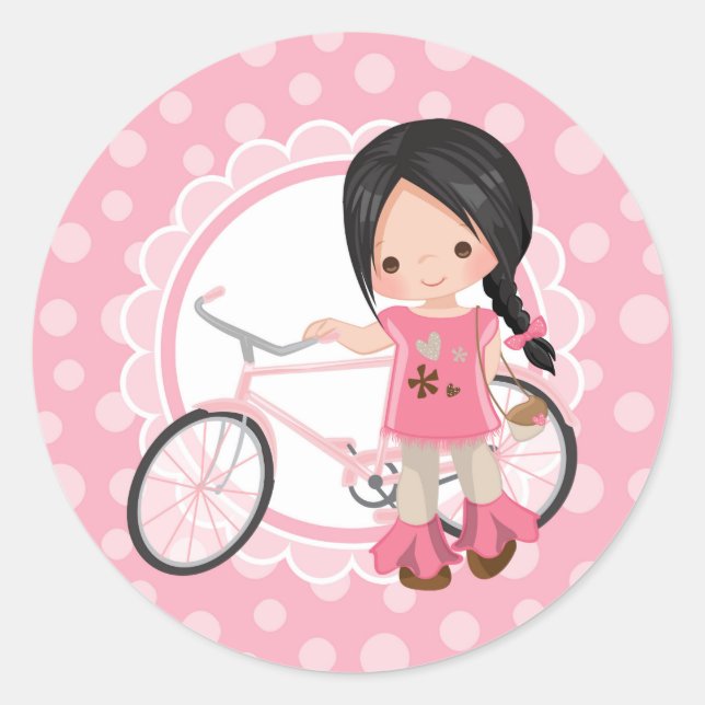Schwarze Haare Fahrradmädchen - Rosa Weiß Runder Aufkleber (Vorderseite)