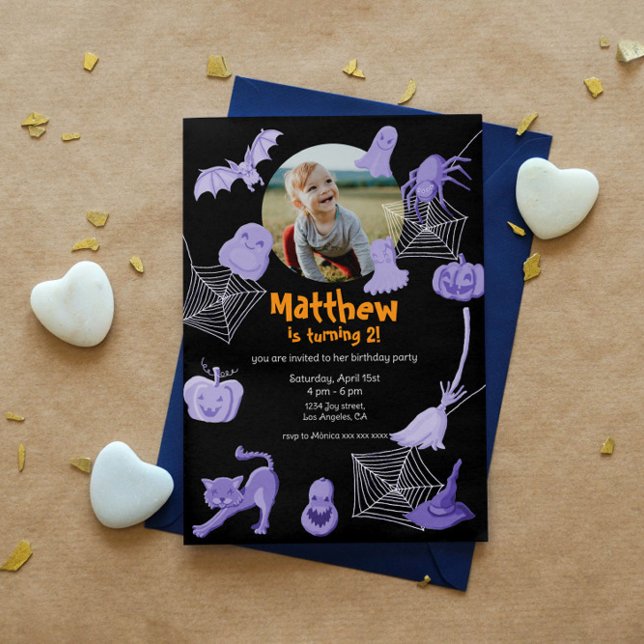 Schwarze Halloween-Geburtstagsfeier Einladung (Birthday party invitation with Halloween theme, customizable with photo and editable text.)
