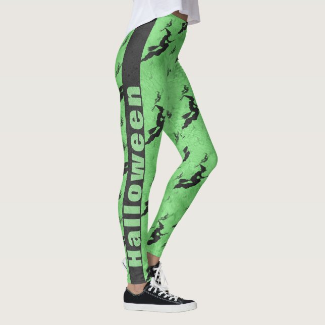 Schwarze Halloween Hexen Brooms Grünes Muster Leggings (Rechts)